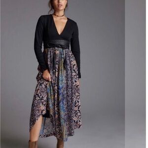 ANTHROPOLOGIE Mixed fabric/ Print Deep V Neck Maxi Dress